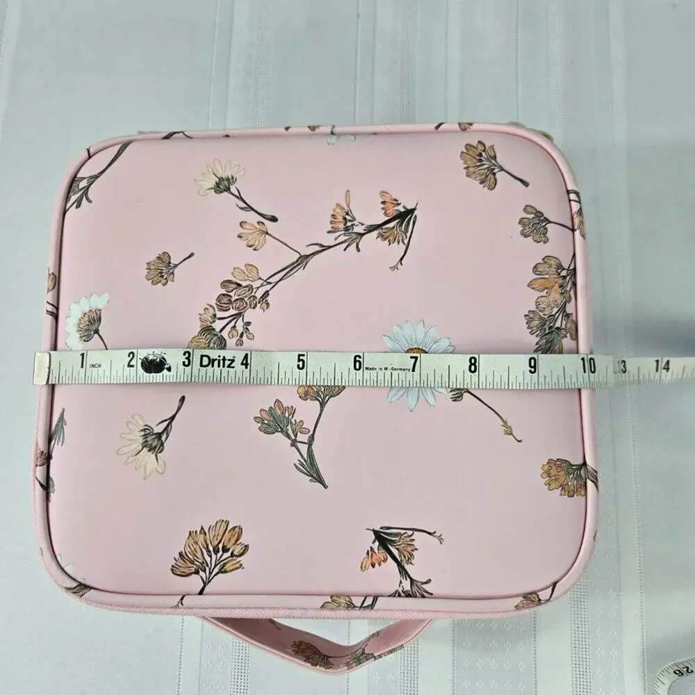 Makeup Cosmetic Case with Moveable Dividers Zipper & Pouches Pink w/Daisies